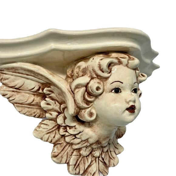 VTG BaroqueCherub Angel Sconce Wall Shelf Corbel Hand Painted Glazed Ceramic - Picture 2 of 8